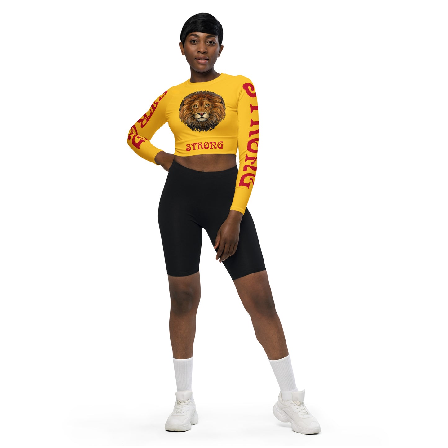 “STRONG” Yellow Long-Sleeve Crop Top W/Red Font