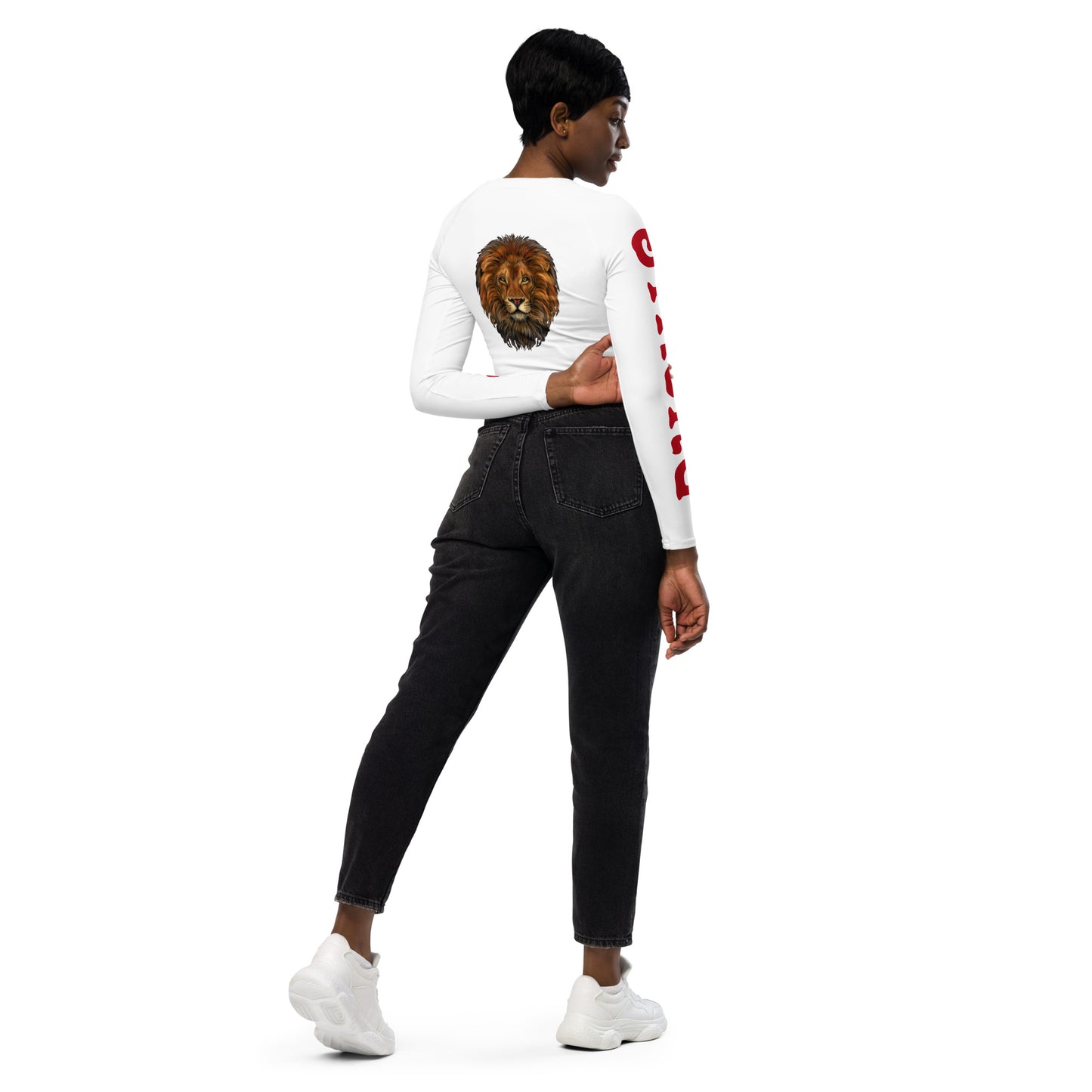 “STRONG” White Long-Sleeve Crop Top W/Red Font