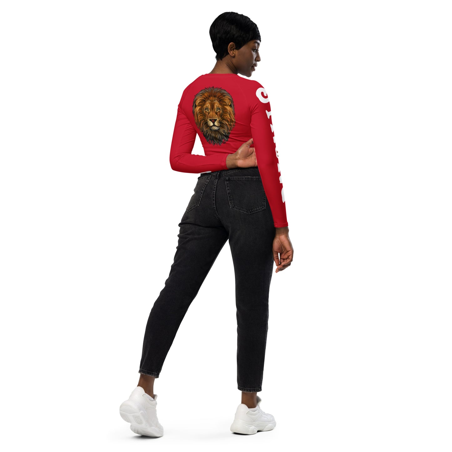 “STRONG”Red Long-Sleeve Crop Top W/White Font