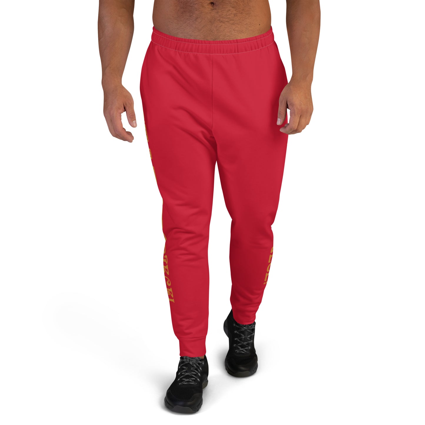 “IAM A MASTERPIECE!”Men's Red Joggers W/Bronze Font