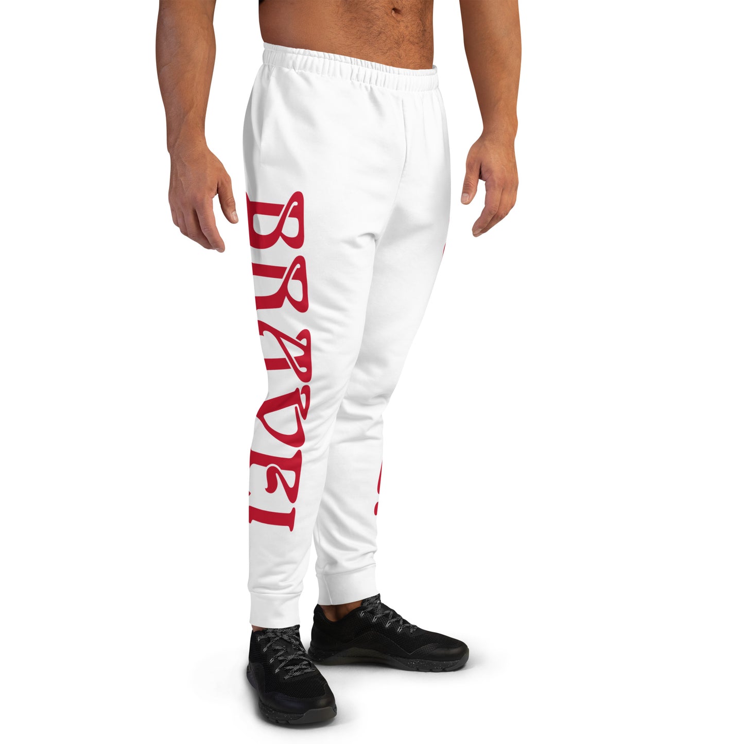 “BRAVE!”Men's White Joggers W/Red Font