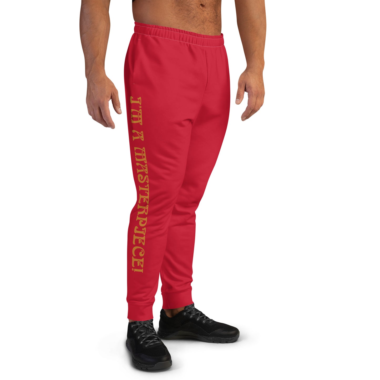 “IAM A MASTERPIECE!”Men's Red Joggers W/Bronze Font
