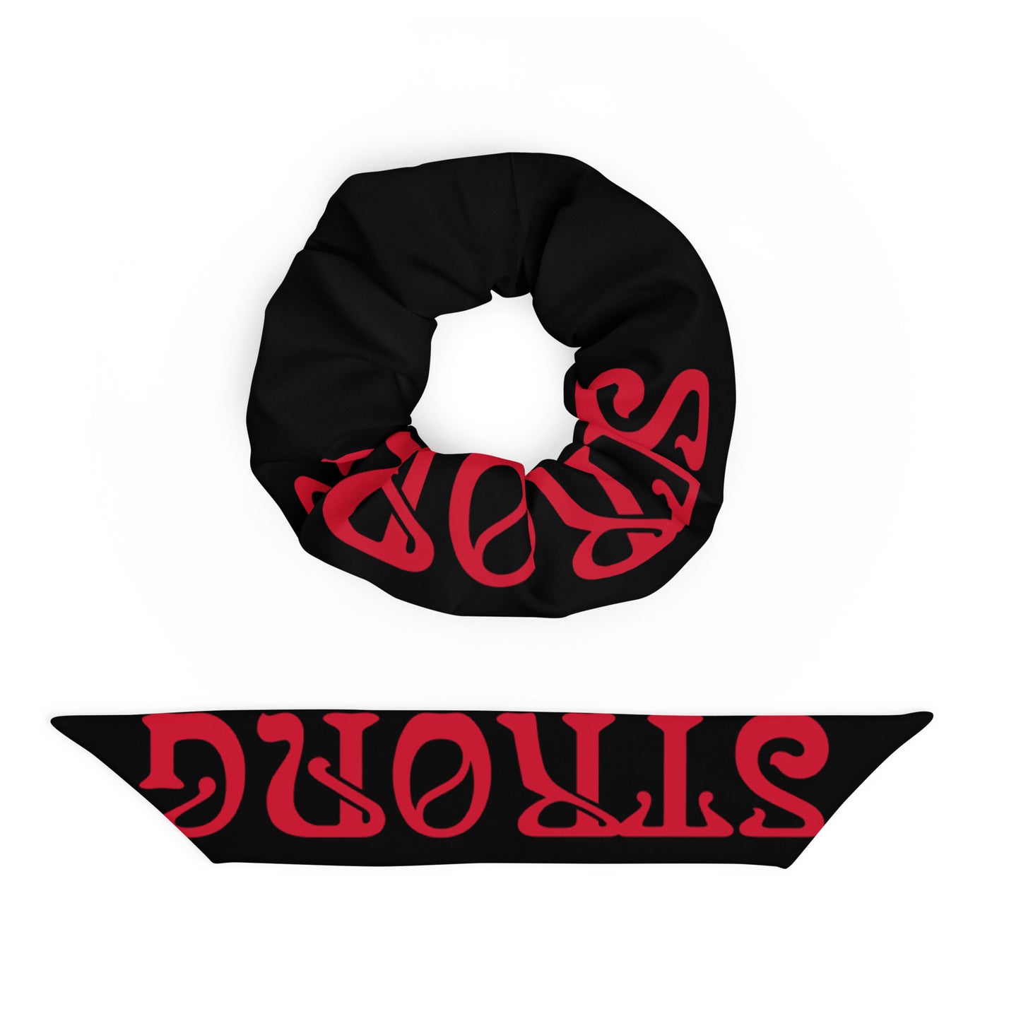 “STRONG”Black Recycled Scrunchie W/Red Font