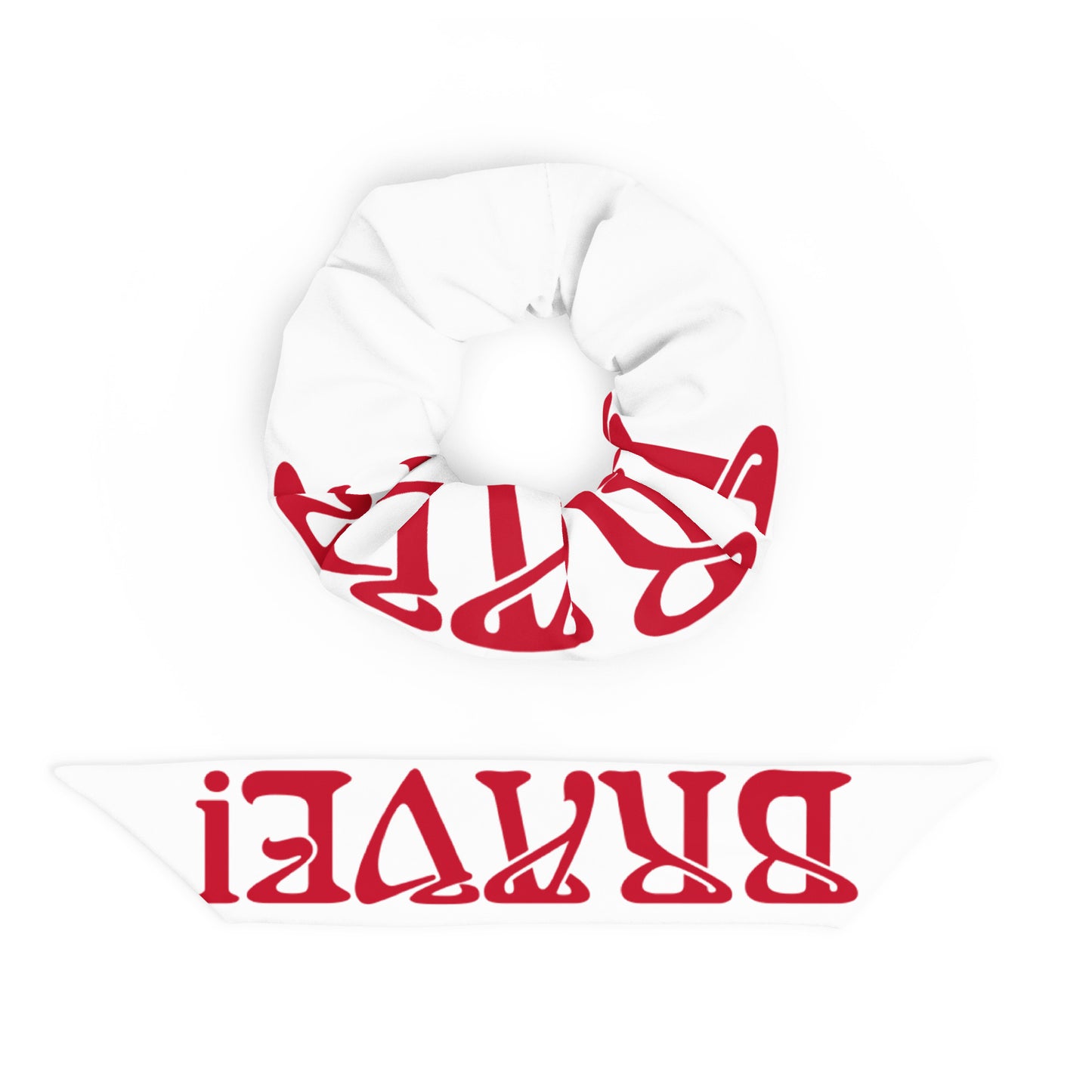 “BRAVE!”White Recycled Scrunchie W/Red Font