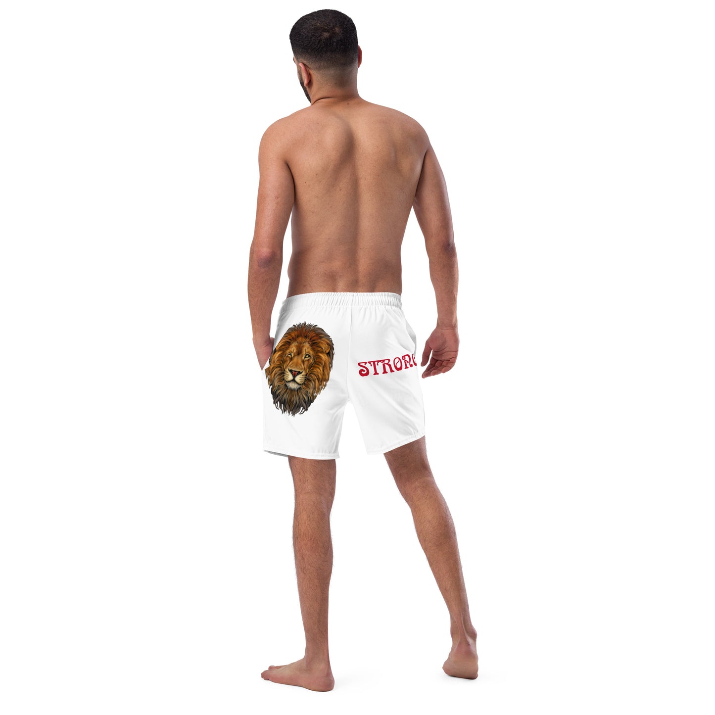 “STRONG” White Men's Swim Trunks W/Red Font