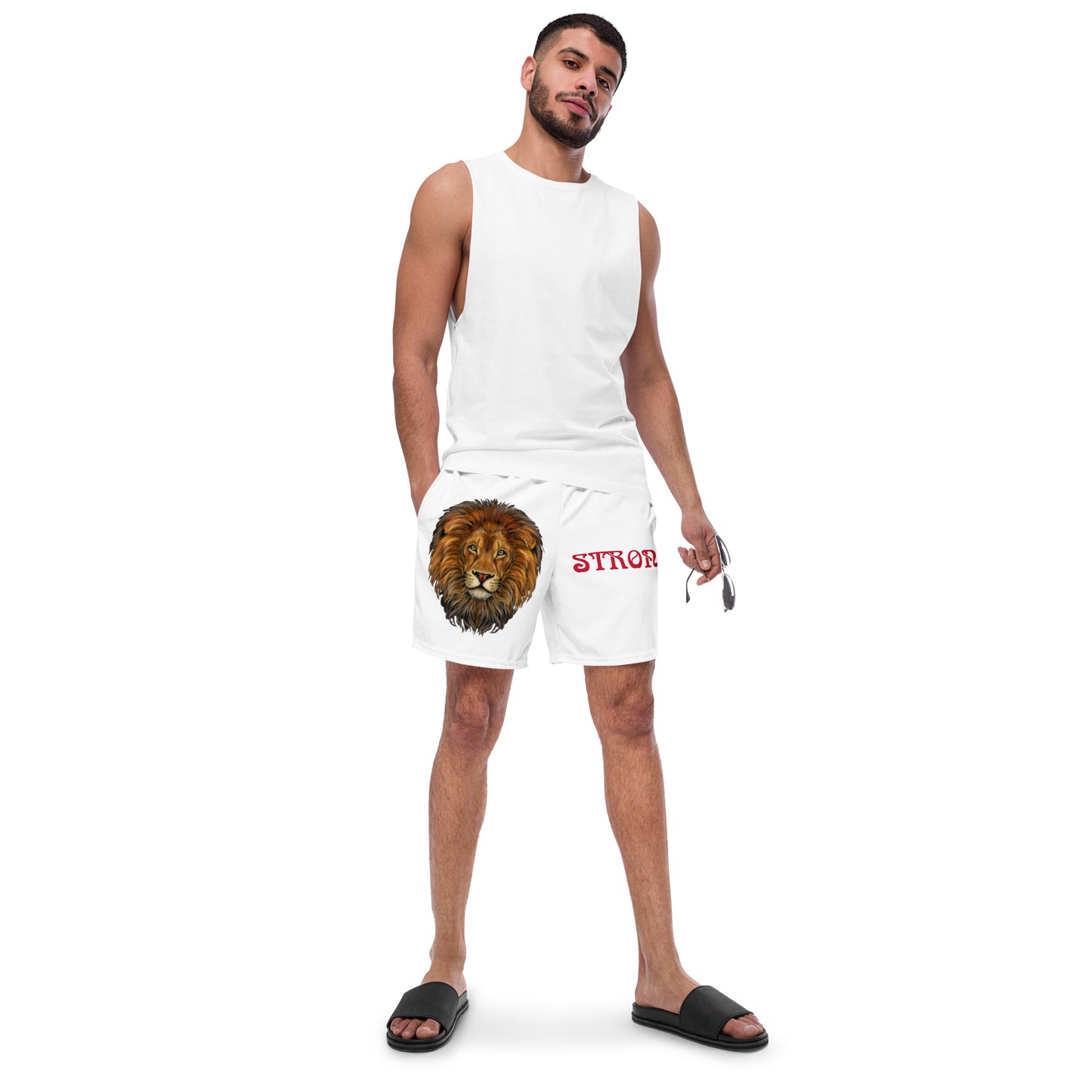 “STRONG” White Men's Swim Trunks W/Red Font