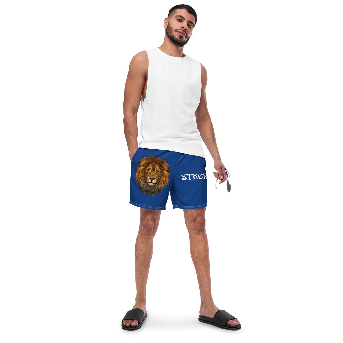 “STRONG” Blue Men's Swim Trunks W/White Font