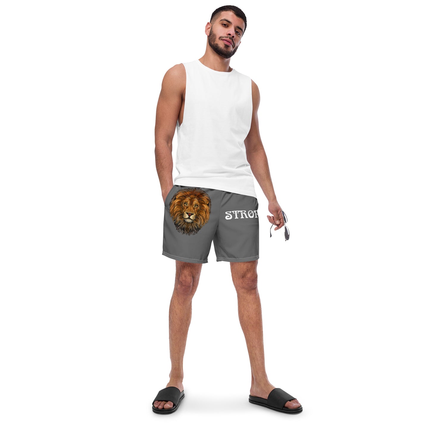 “STRONG”Grey Men's Swim Trunks W/White Font