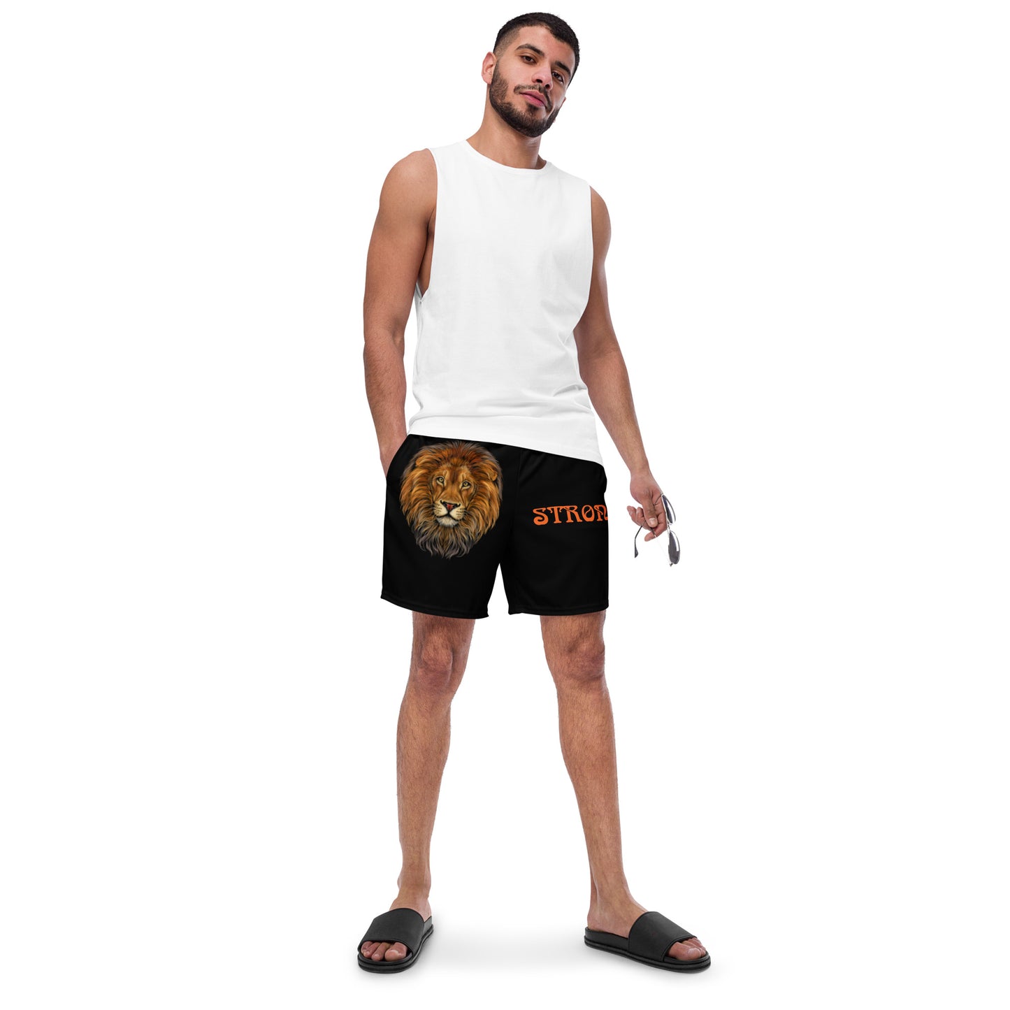 “STRONG” Black Men's Swim Trunks W/Orange Font