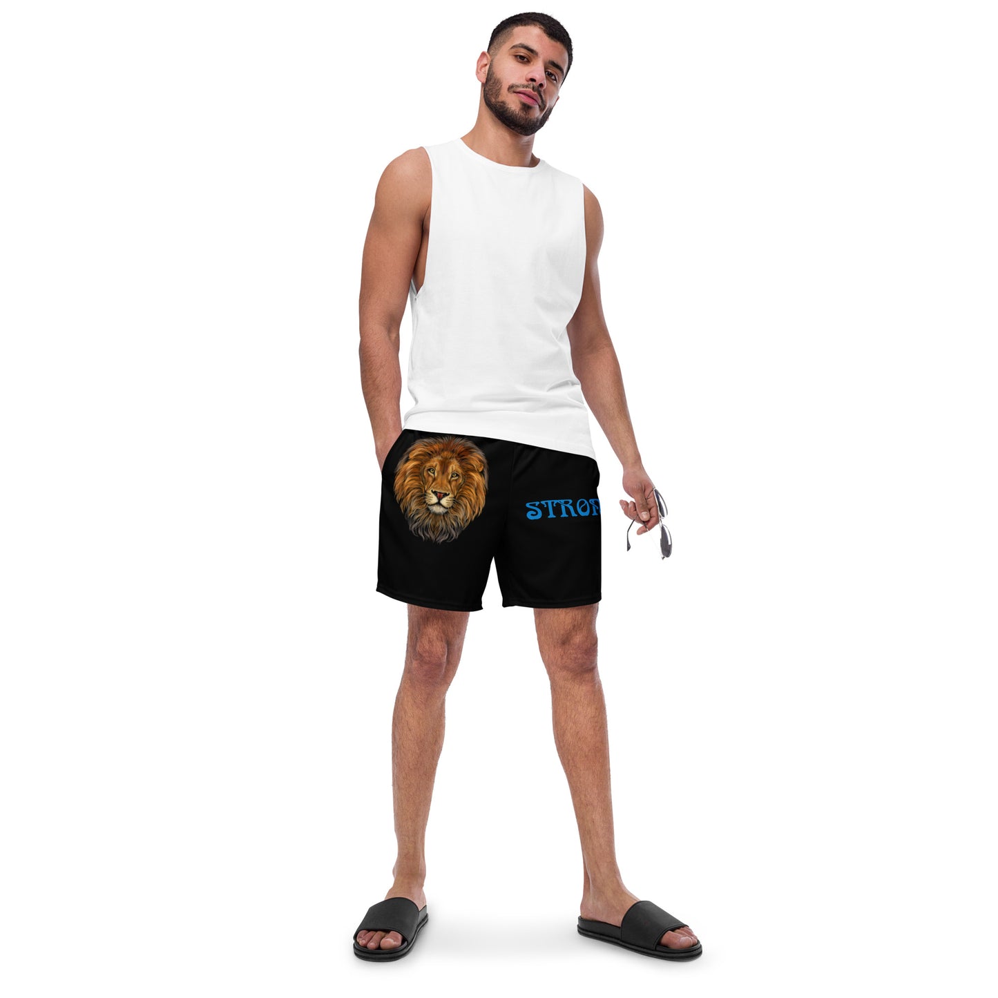 “STRONG” Black Men's Swim Trunks W/Blue Font