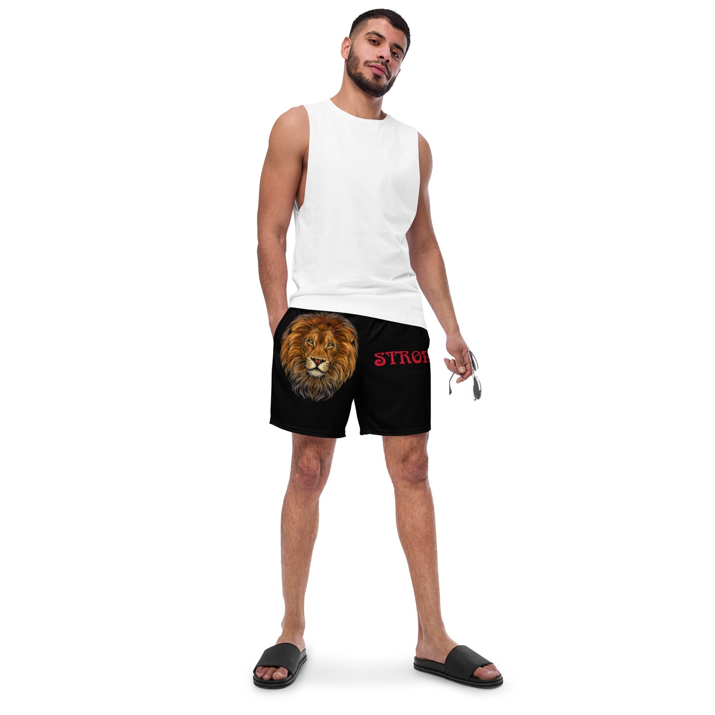“STRONG”Black Men's Swim Trunks W/Red Font