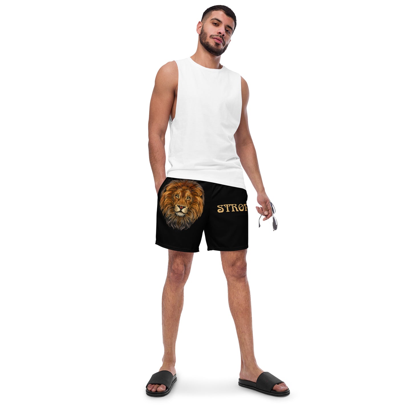“STRONG” Black Men's Swim Trunks W/Fawn Font