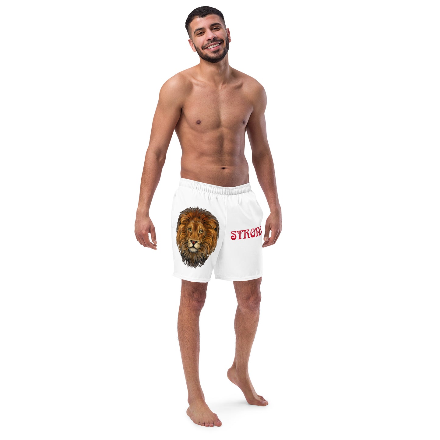 “STRONG” White Men's Swim Trunks W/Red Font