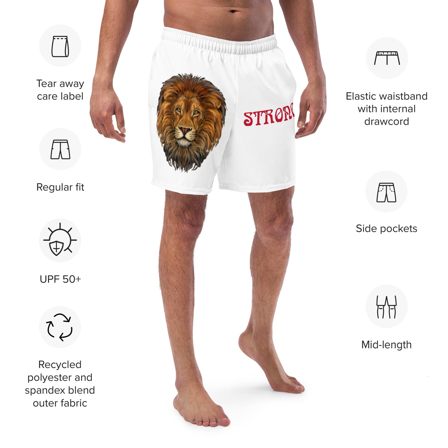 “STRONG” White Men's Swim Trunks W/Red Font