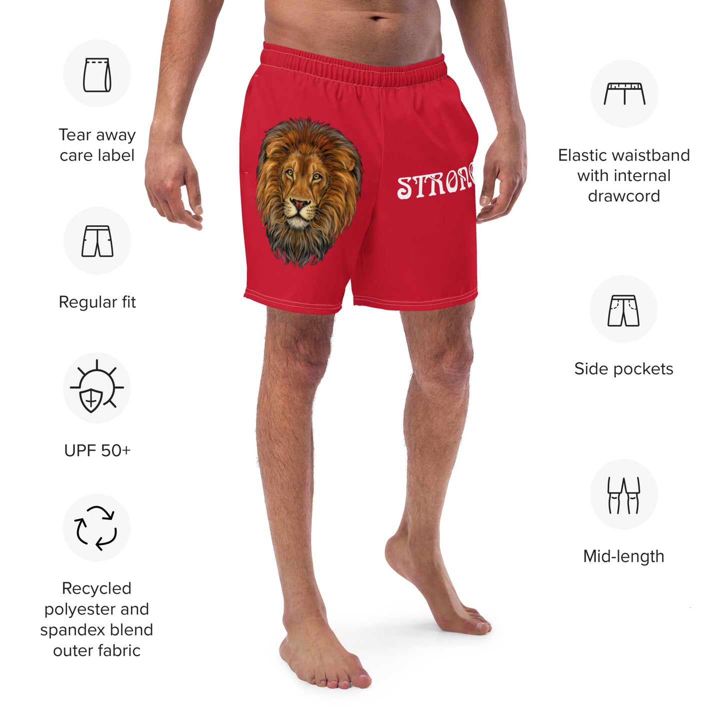 “STRONG” Red Men's Swim Trunks W/White Font