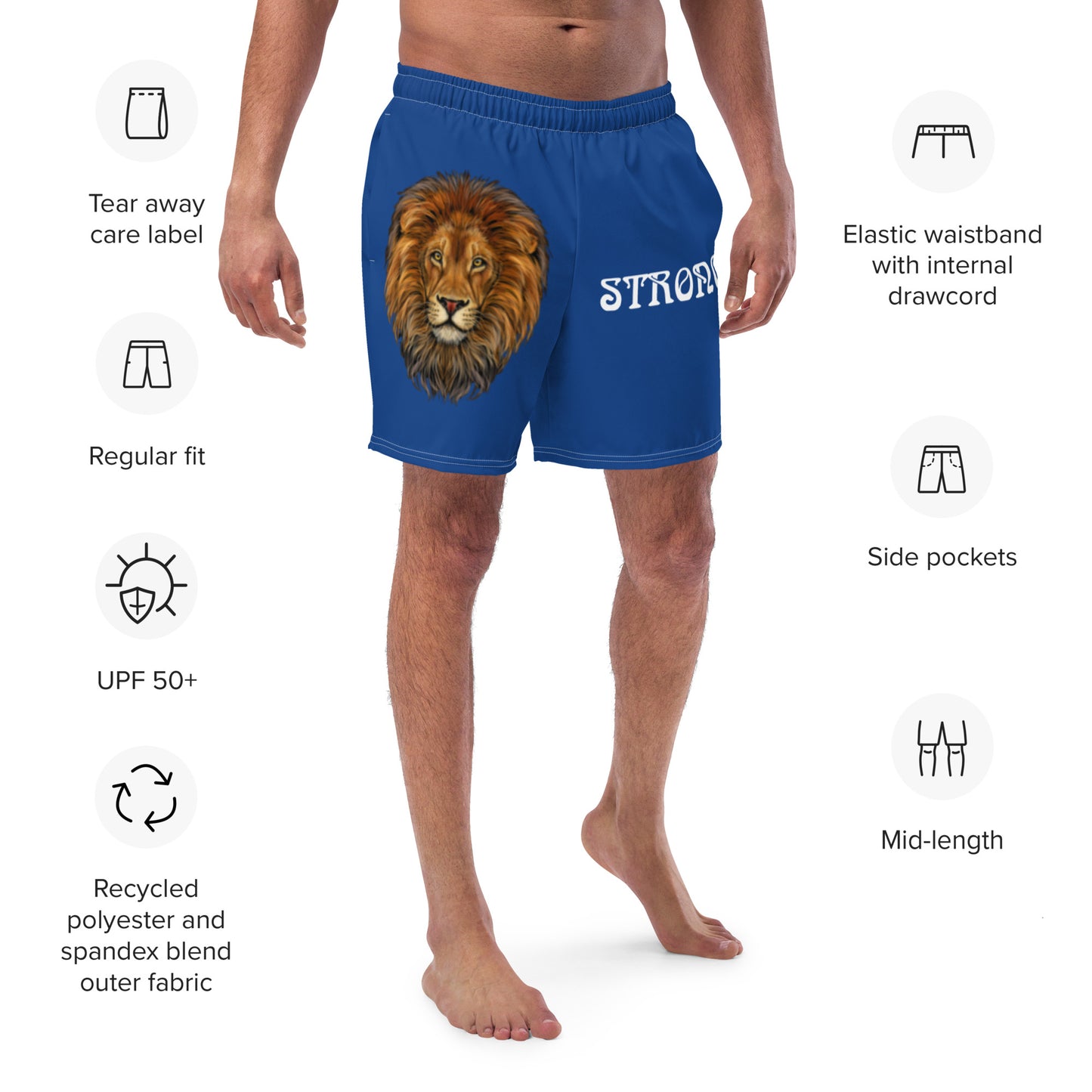 “STRONG” Blue Men's Swim Trunks W/White Font