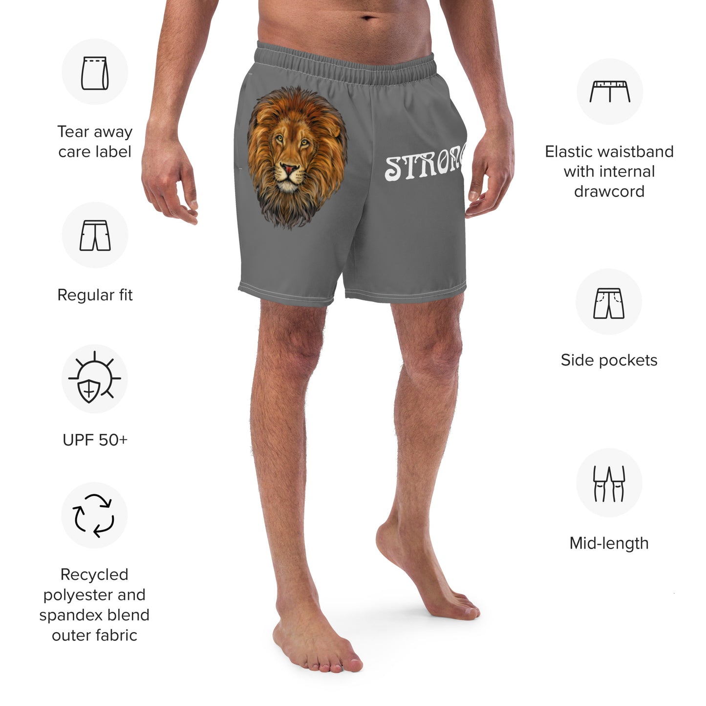 “STRONG”Grey Men's Swim Trunks W/White Font