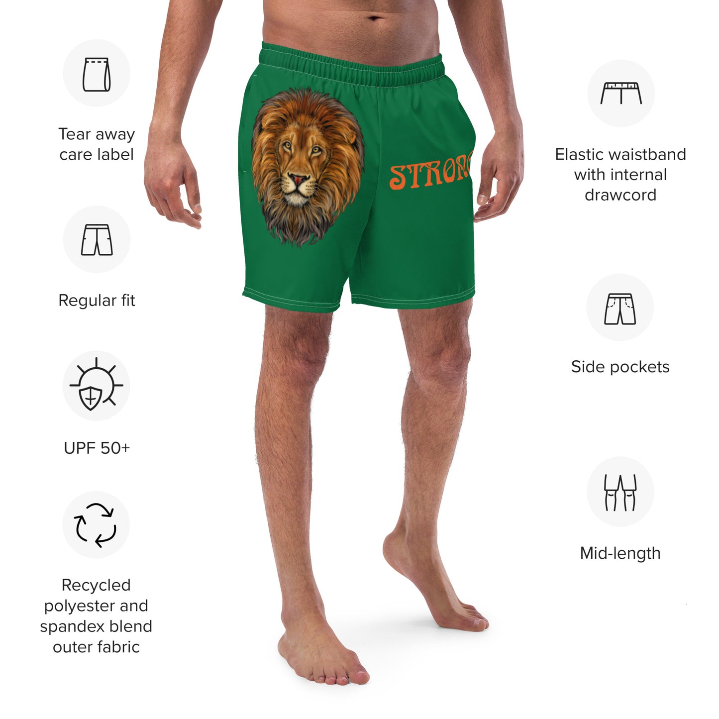 “STRONG” Green Men's Swim Trunks W/Orange Font