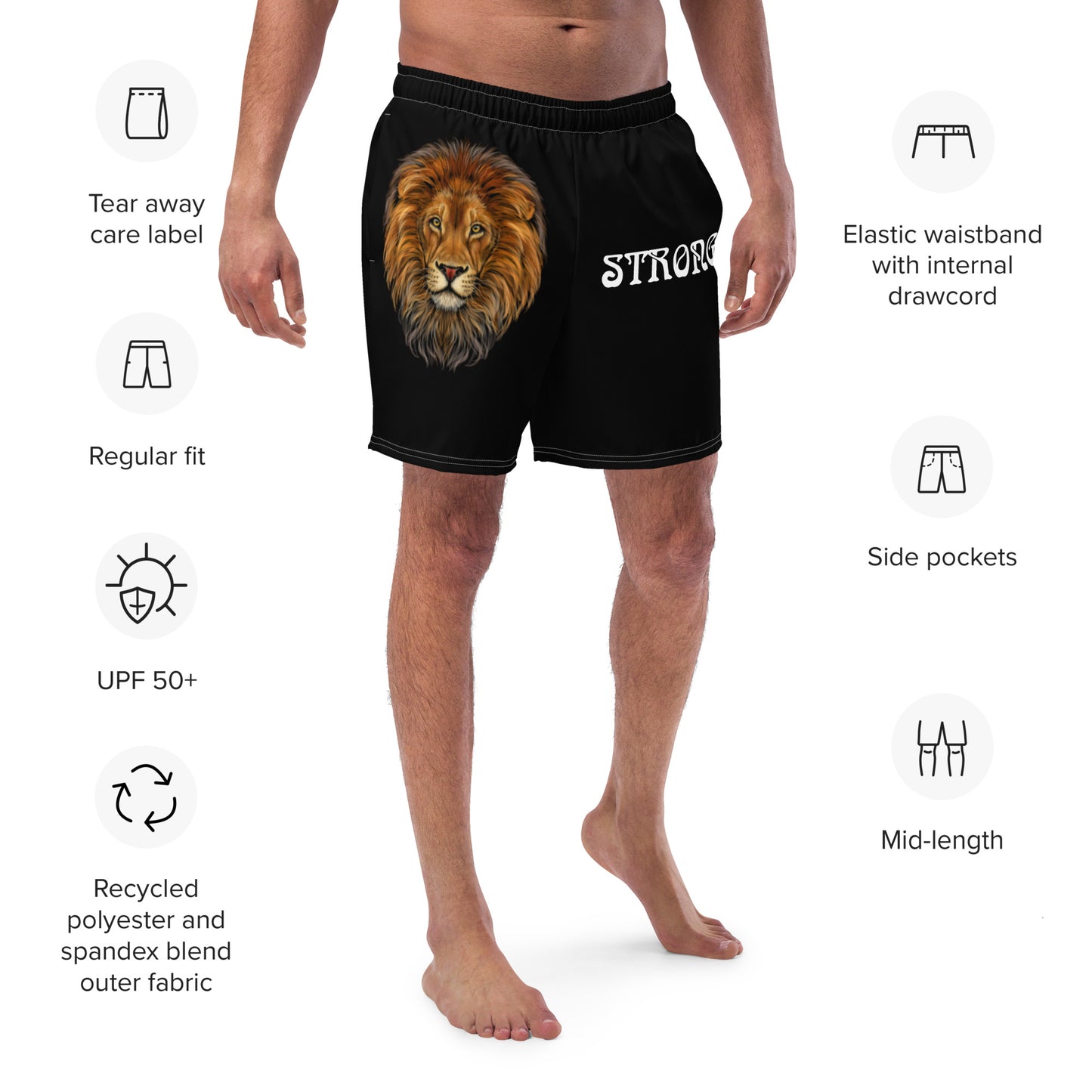 “STRONG” Black Men's Swim Trunks W/White Font