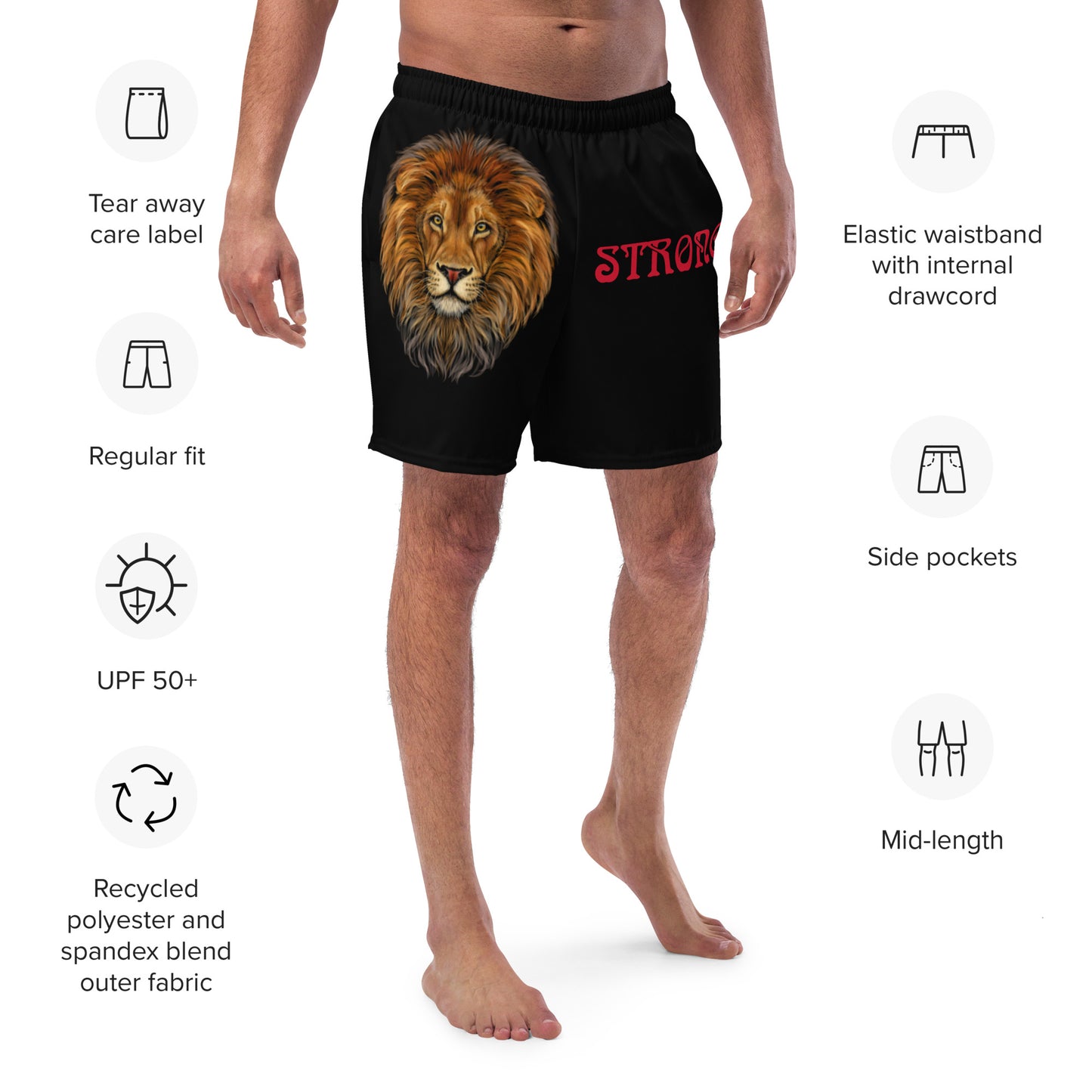 “STRONG”Black Men's Swim Trunks W/Red Font