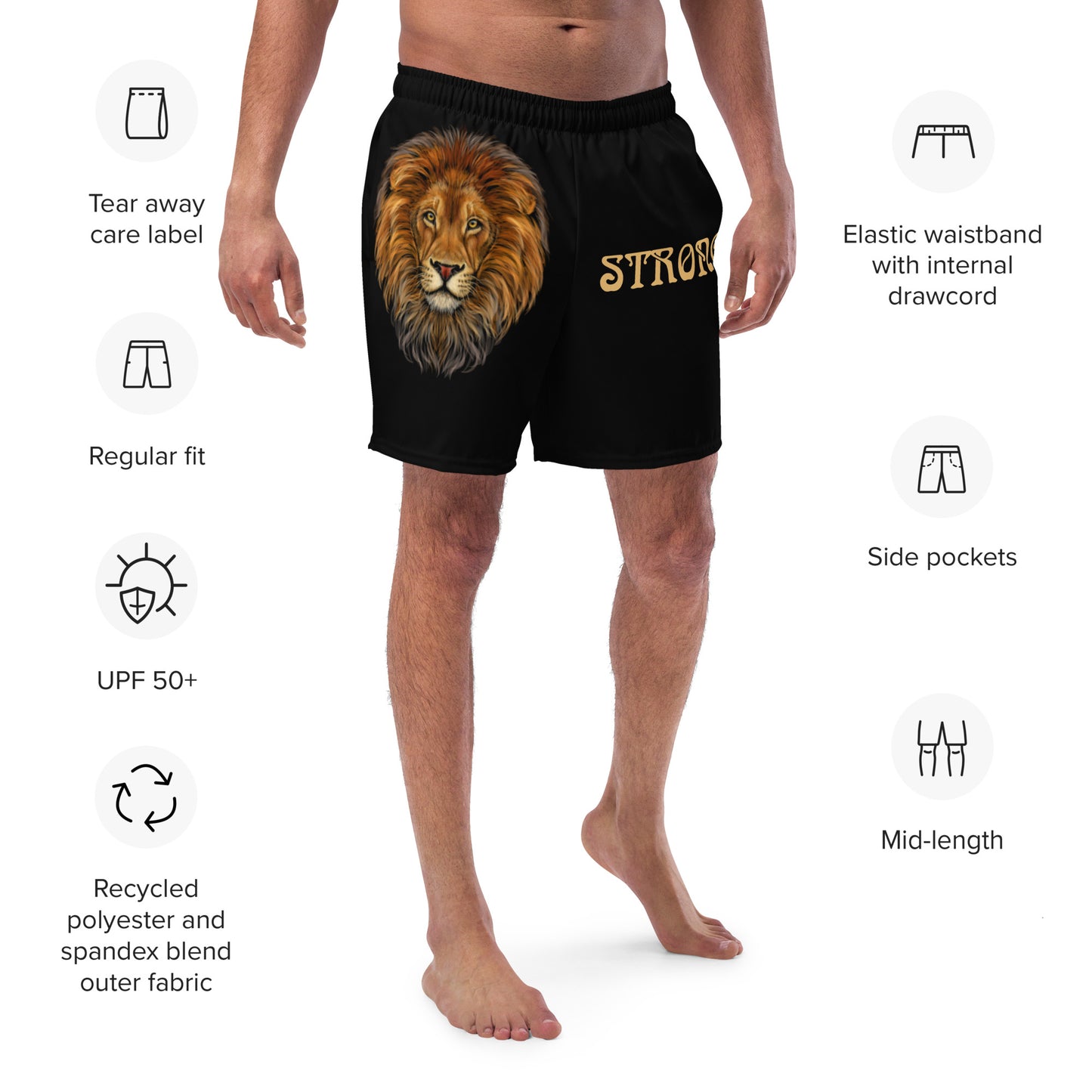 “STRONG” Black Men's Swim Trunks W/Fawn Font