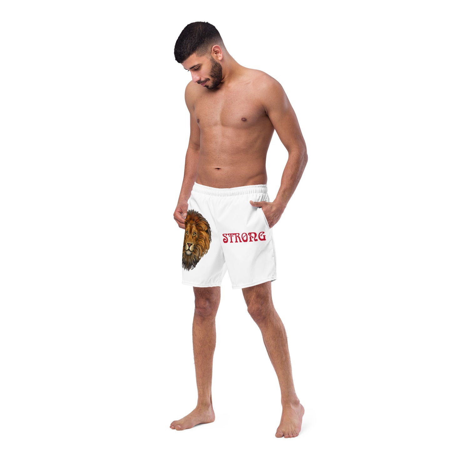 “STRONG” White Men's Swim Trunks W/Red Font