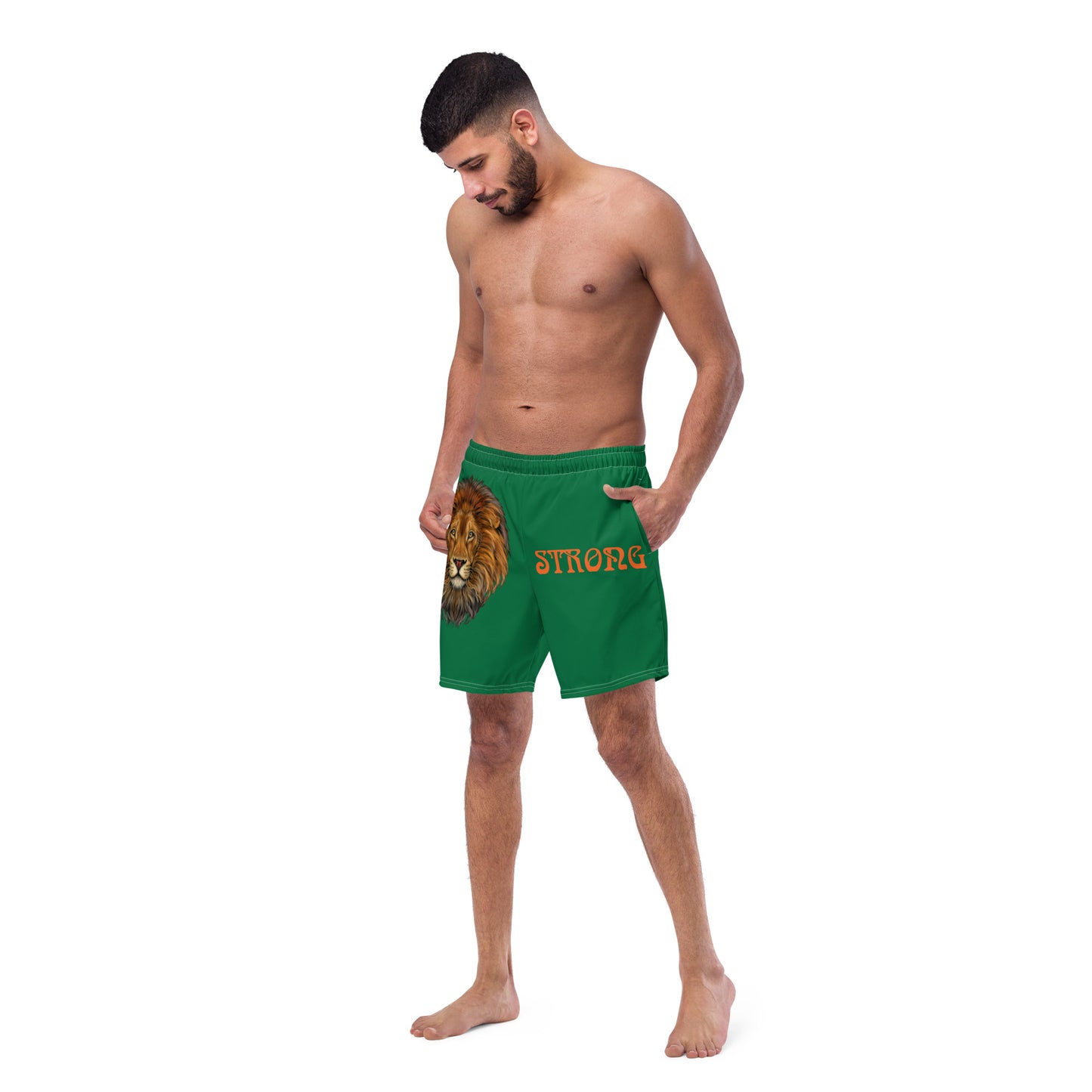 “STRONG” Green Men's Swim Trunks W/Orange Font