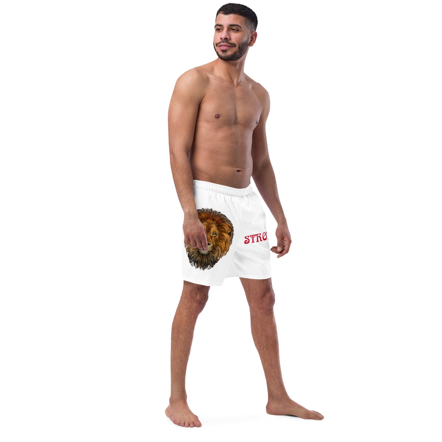 “STRONG” White Men's Swim Trunks W/Red Font