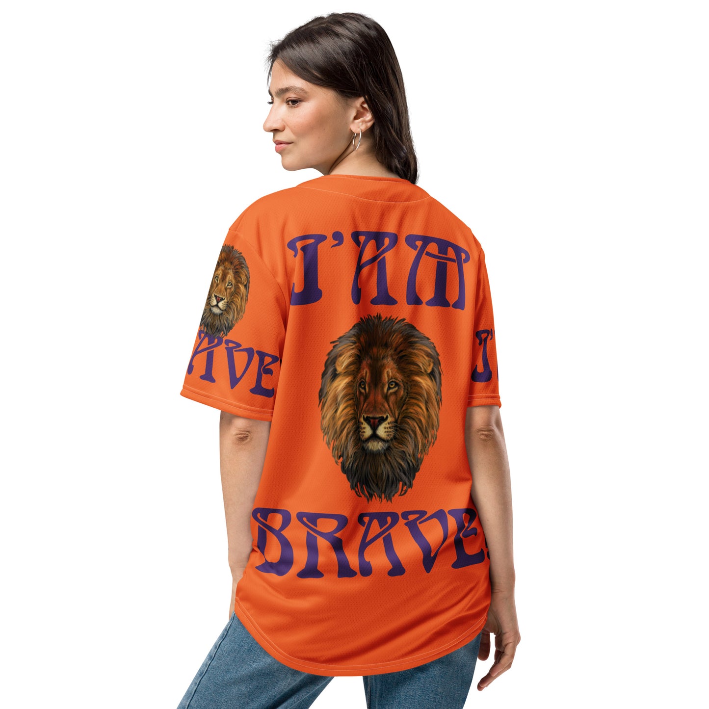 “I’AM BRAVE!” Orange Unisex Baseball Jersey W/Purple Font