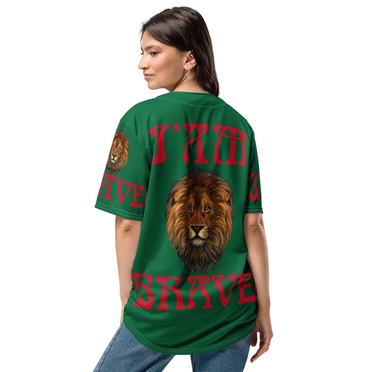 “I’AM BRAVE!” Green Unisex Baseball Jersey W/Red Font