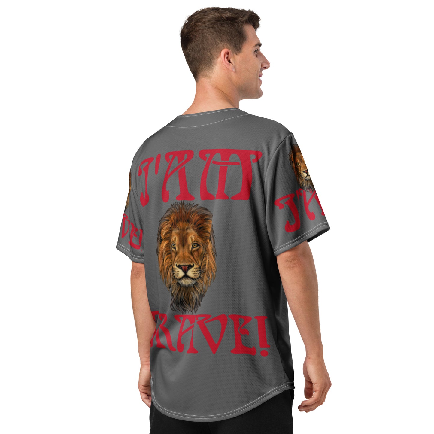 “I’AM BRAVE!” Grey Unisex Baseball Jersey W/Red Font