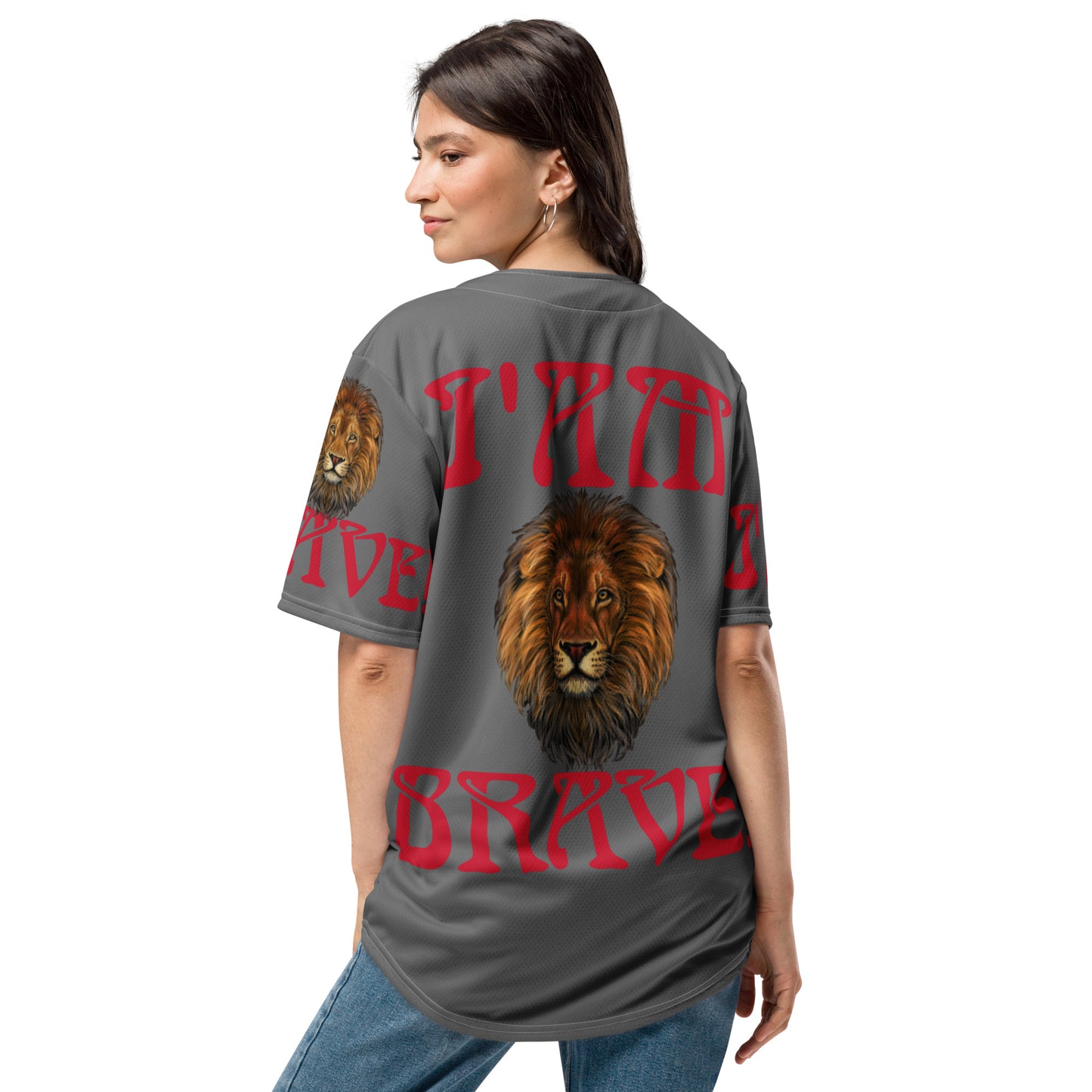 “I’AM BRAVE!” Grey Unisex Baseball Jersey W/Red Font