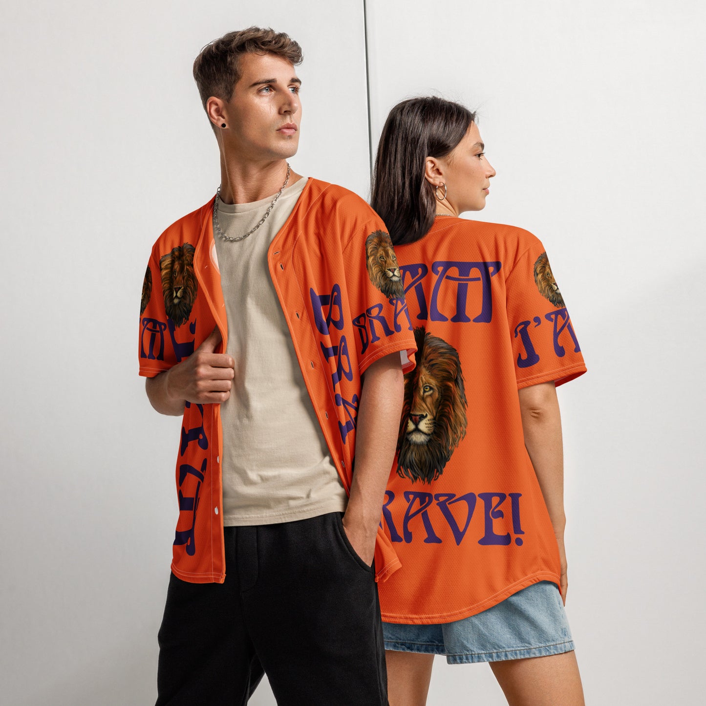 “I’AM BRAVE!” Orange Unisex Baseball Jersey W/Purple Font