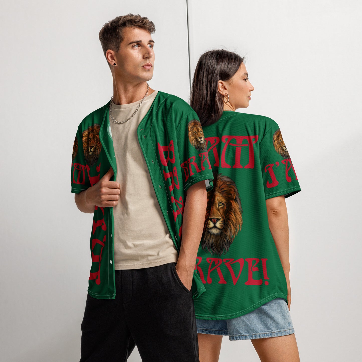 “I’AM BRAVE!” Green Unisex Baseball Jersey W/Red Font