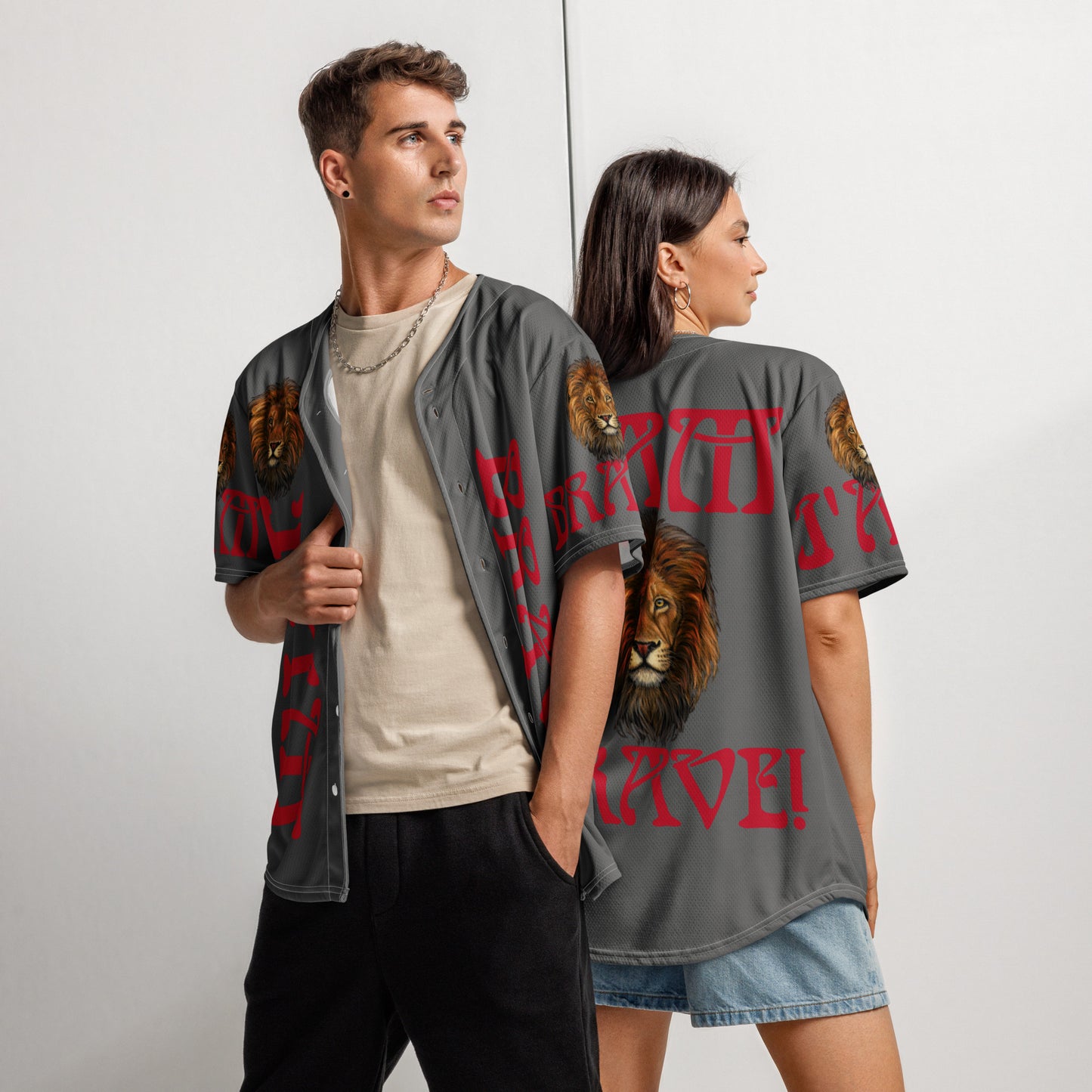 “I’AM BRAVE!” Grey Unisex Baseball Jersey W/Red Font