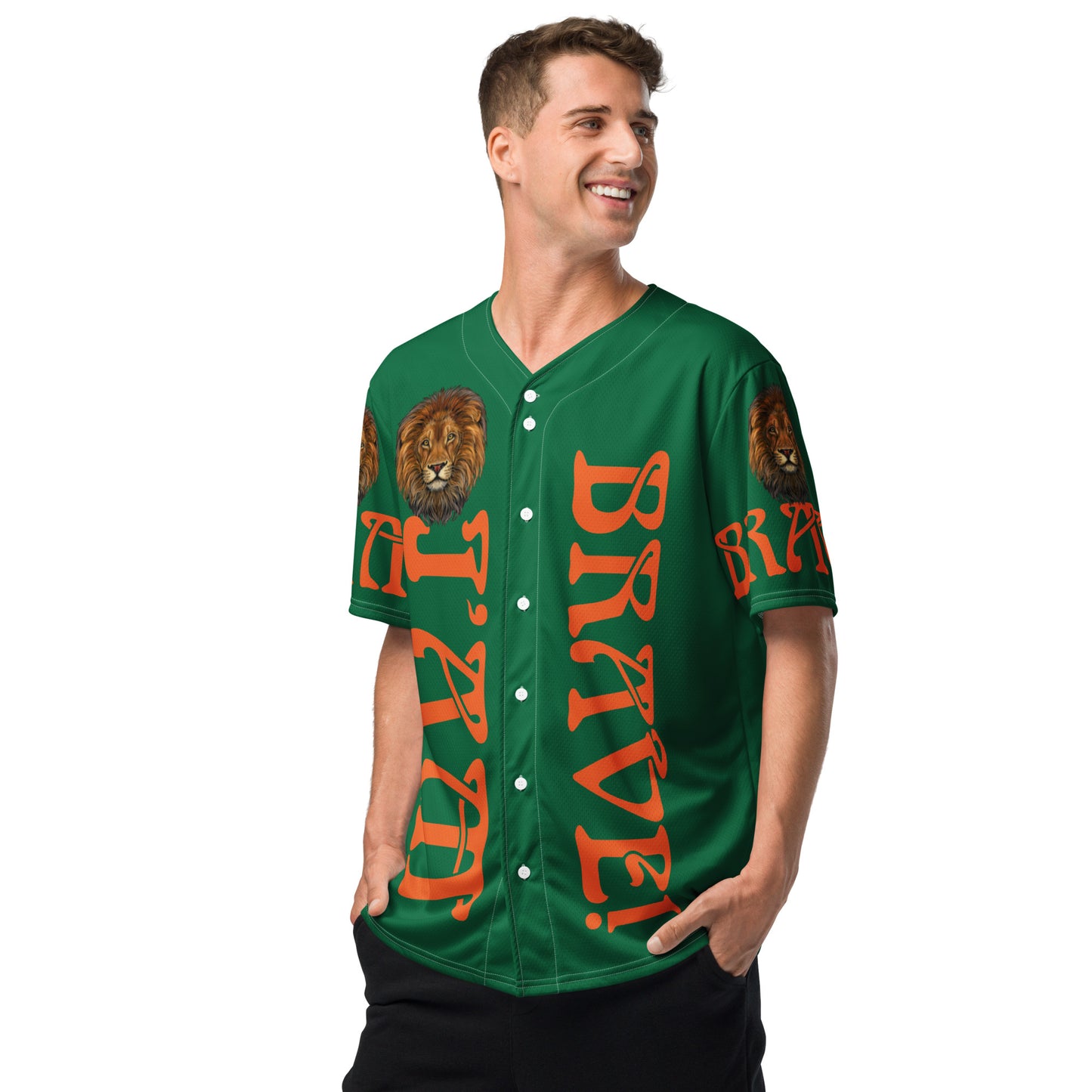 “I’AM BRAVE!” Green Unisex Baseball Jersey W/Orange Font