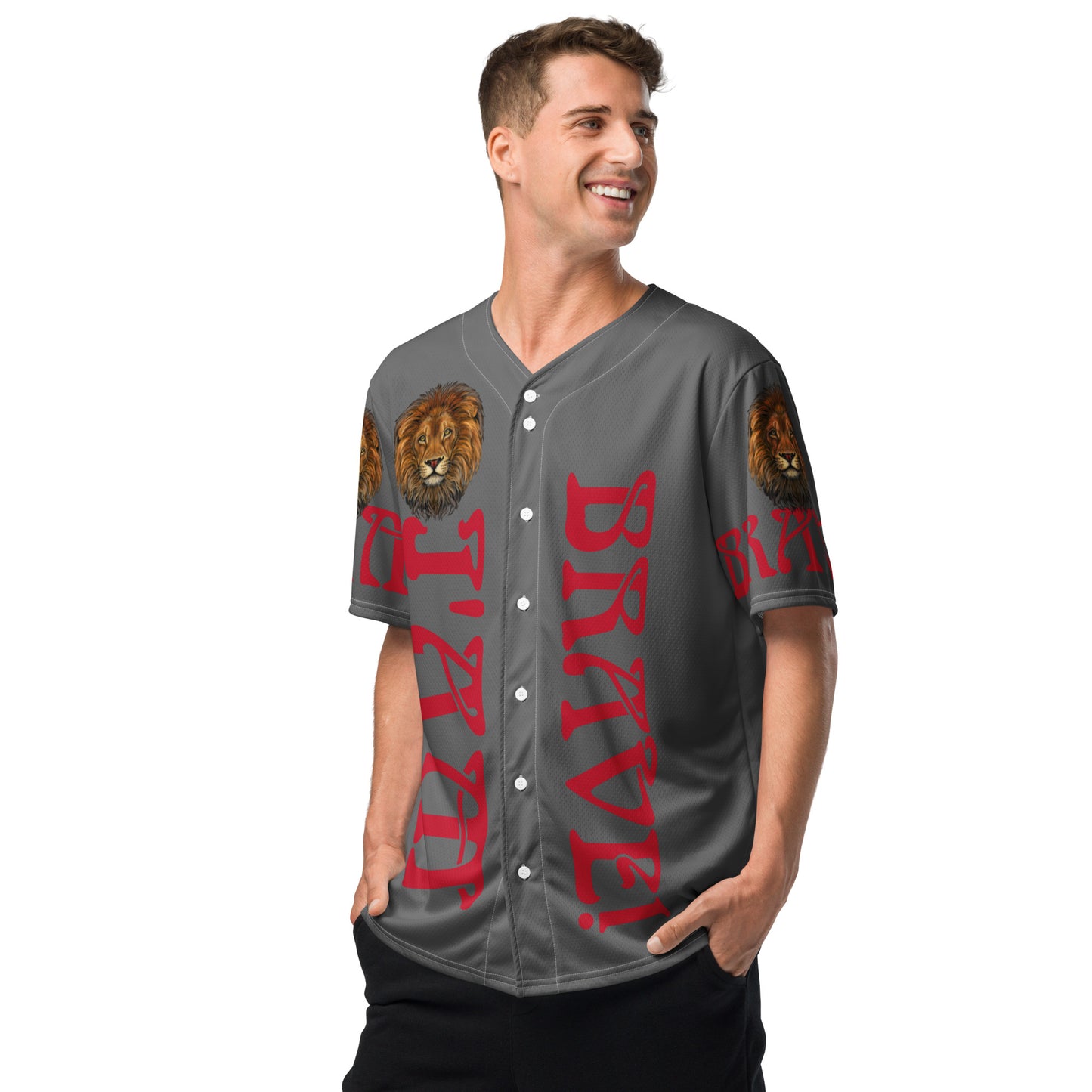 “I’AM BRAVE!” Grey Unisex Baseball Jersey W/Red Font