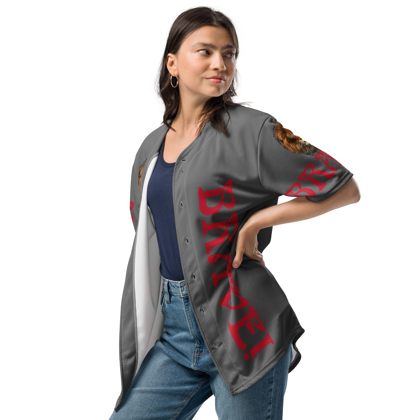 “I’AM BRAVE!” Grey Unisex Baseball Jersey W/Red Font