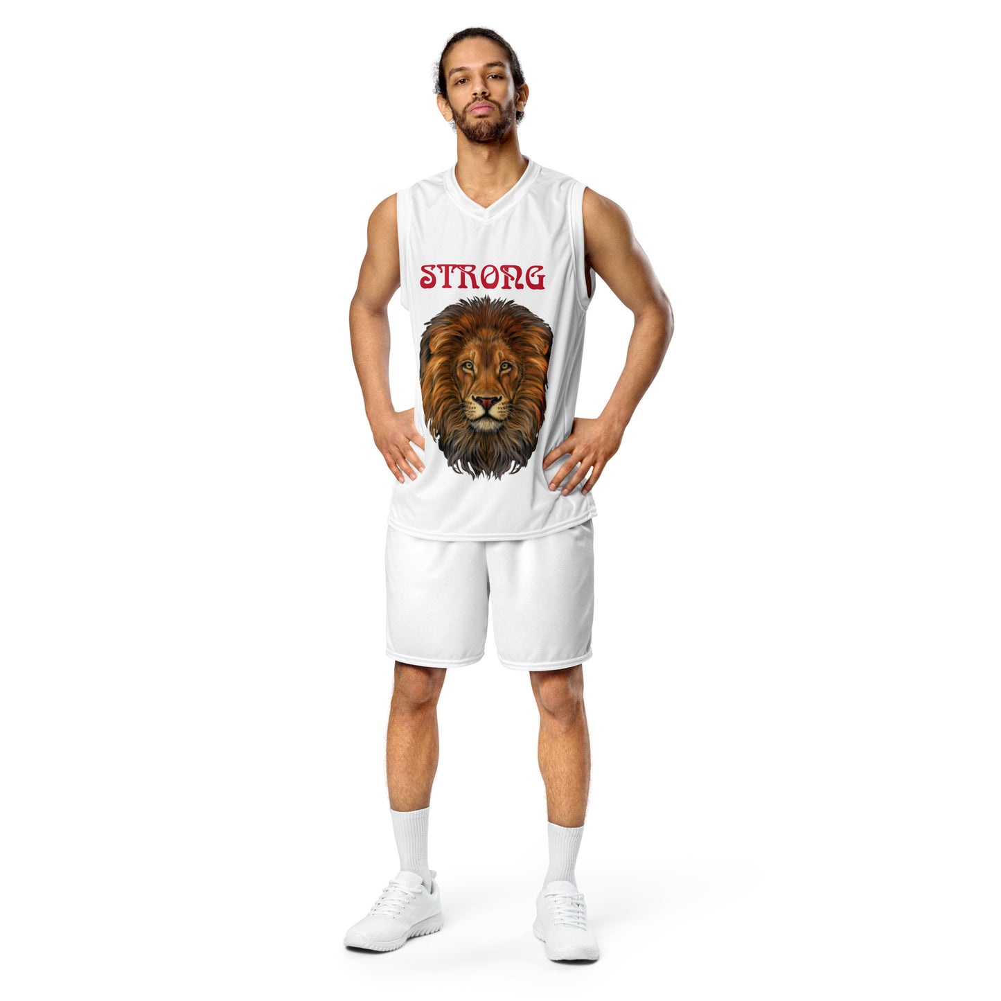 “STRONG”White Unisex Basketball Jersey W/Red Font