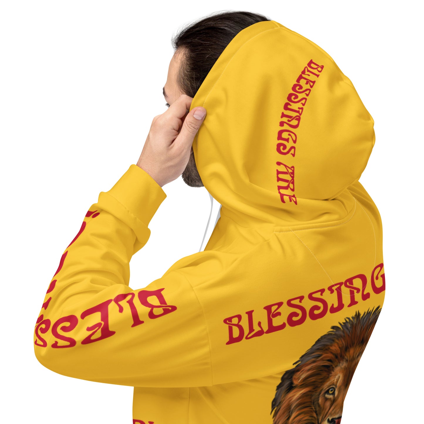 “BLESSINGS ARE CHASING ME DOWN!”Yellow Unisex Hoodie W/Red Font