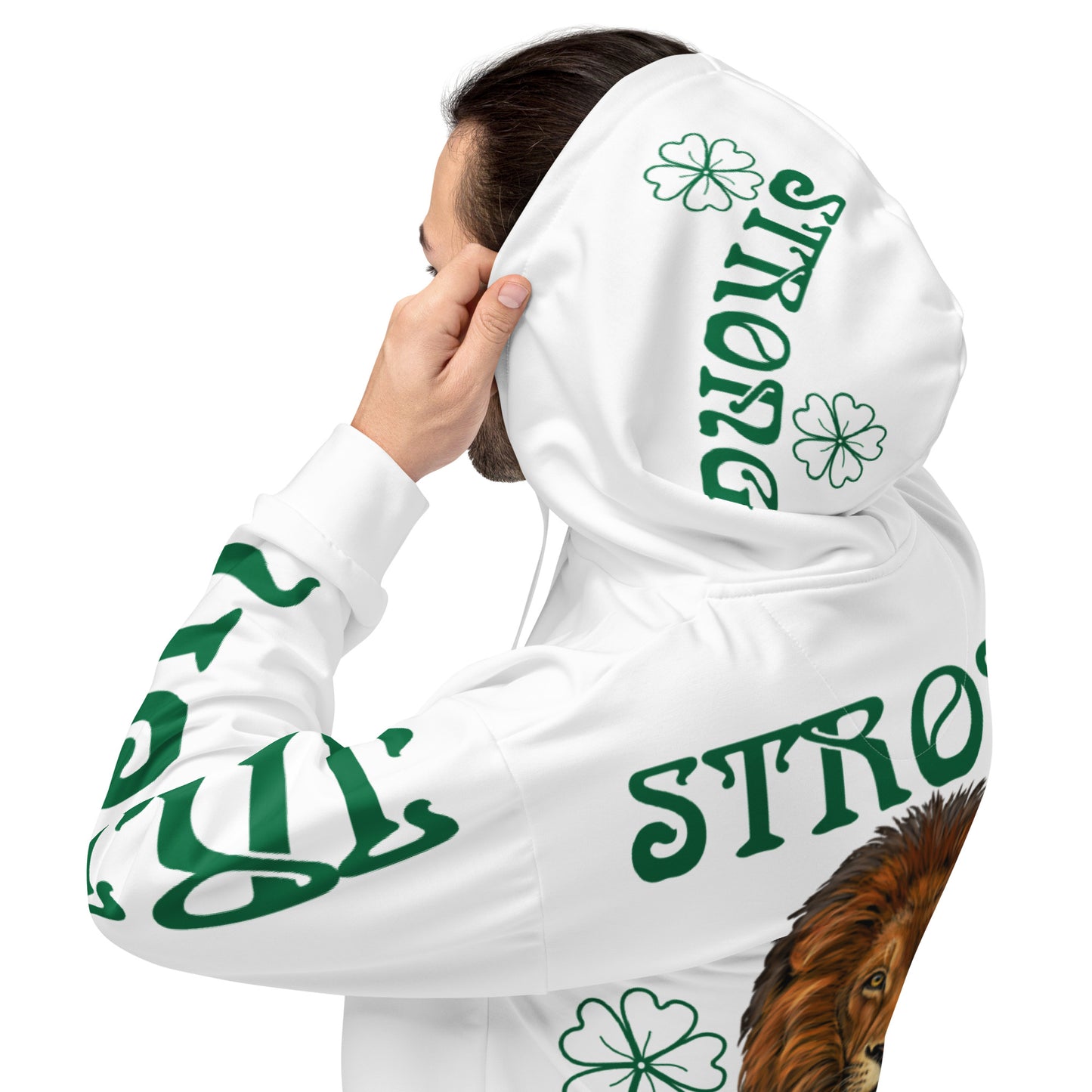 “STRONG&IRISH”White Unisex Hoodie W/Green Font