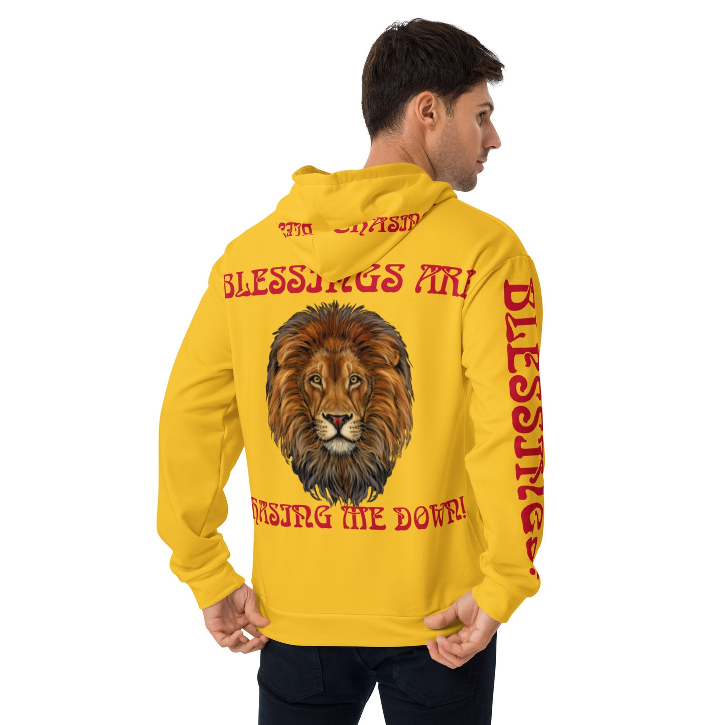 “BLESSINGS ARE CHASING ME DOWN!”Yellow Unisex Hoodie W/Red Font