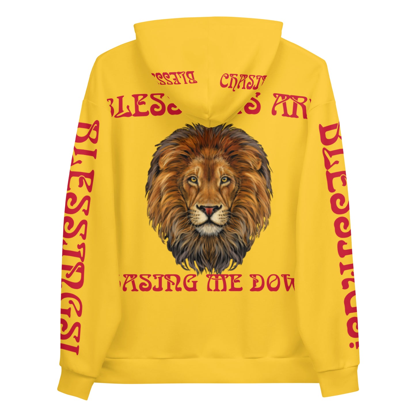 “BLESSINGS ARE CHASING ME DOWN!”Yellow Unisex Hoodie W/Red Font