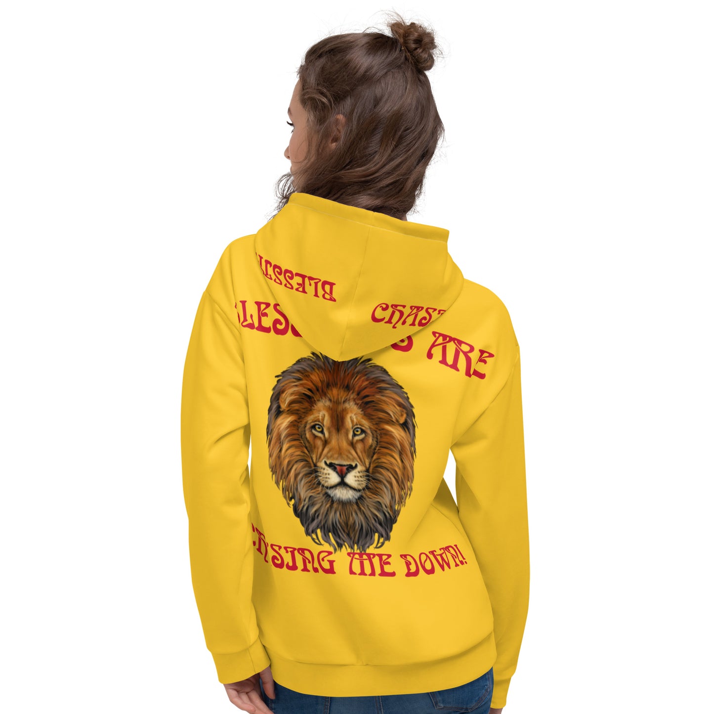 “BLESSINGS ARE CHASING ME DOWN!”Yellow Unisex Hoodie W/Red Font