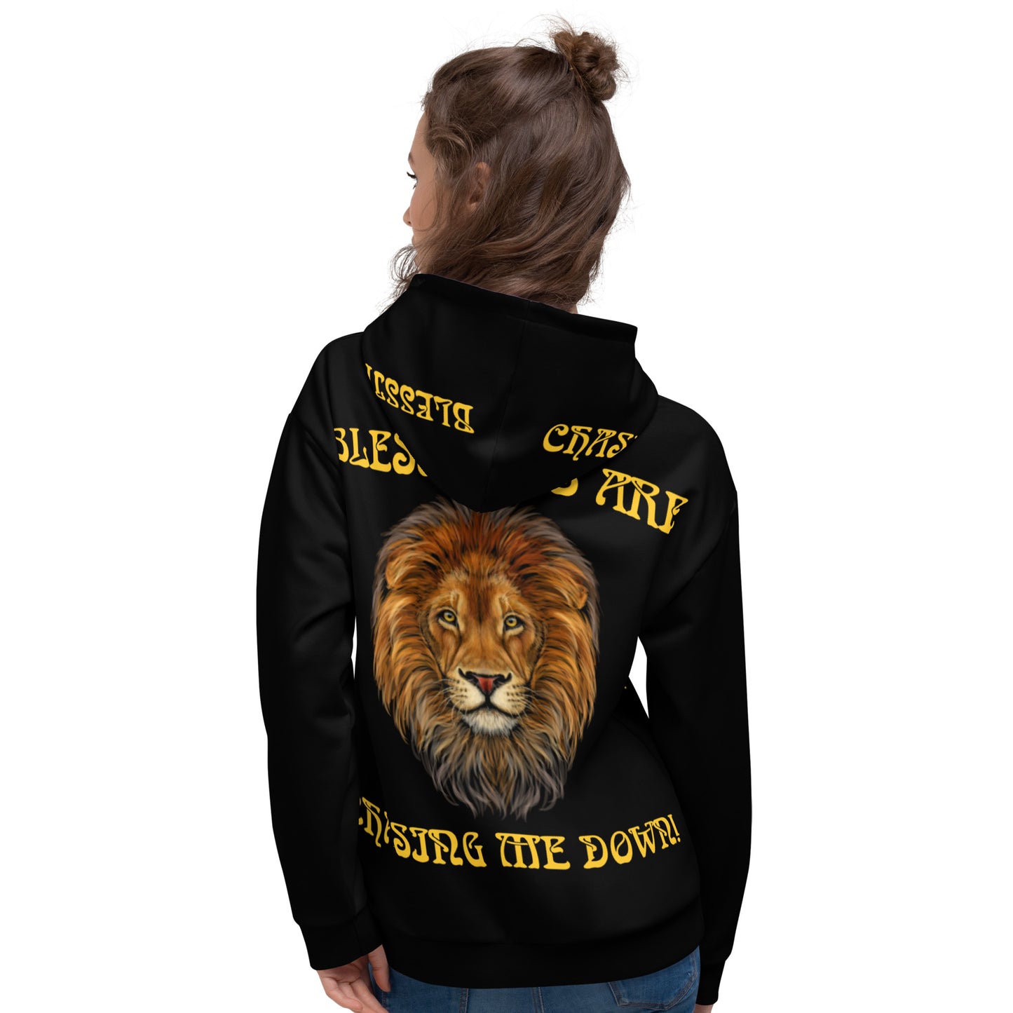 “BLESSINGS ARE CHASING ME DOWN!”Black Unisex Hoodie W/Yellow Font