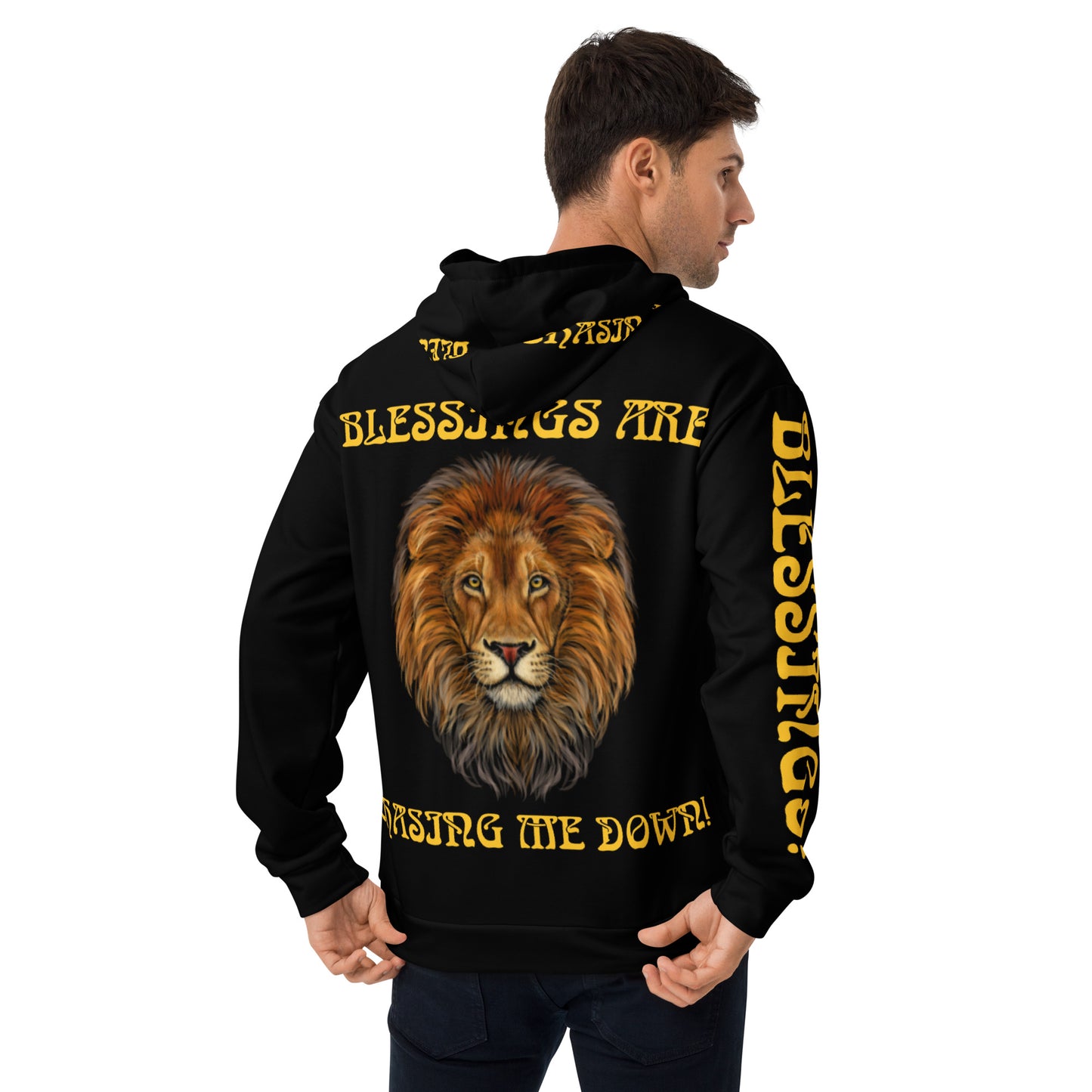 “BLESSINGS ARE CHASING ME DOWN!”Black Unisex Hoodie W/Yellow Font