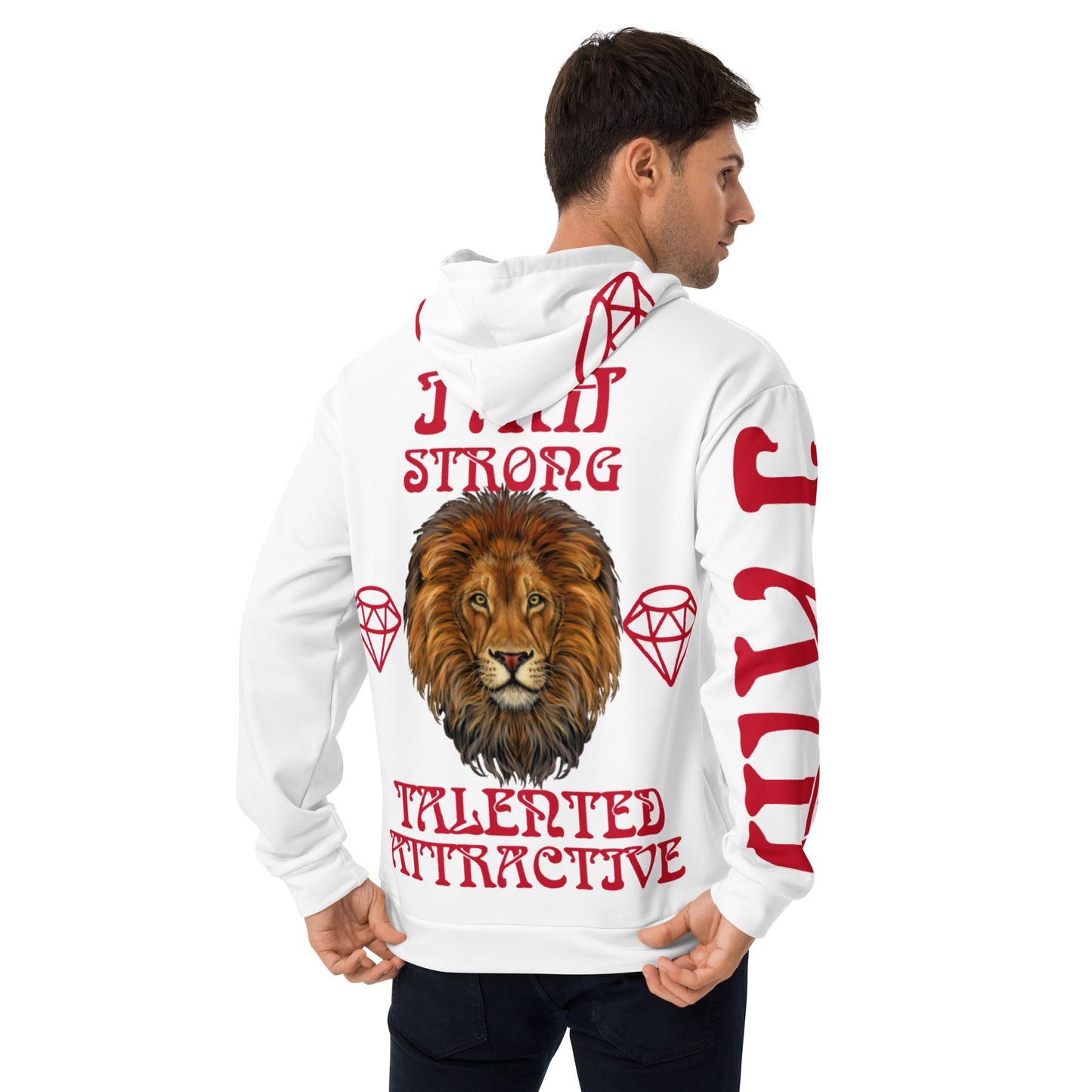 “I’AMSTRONG,TALENTED,ATTRACTIVE”White Unisex Hoodie W/Red Font