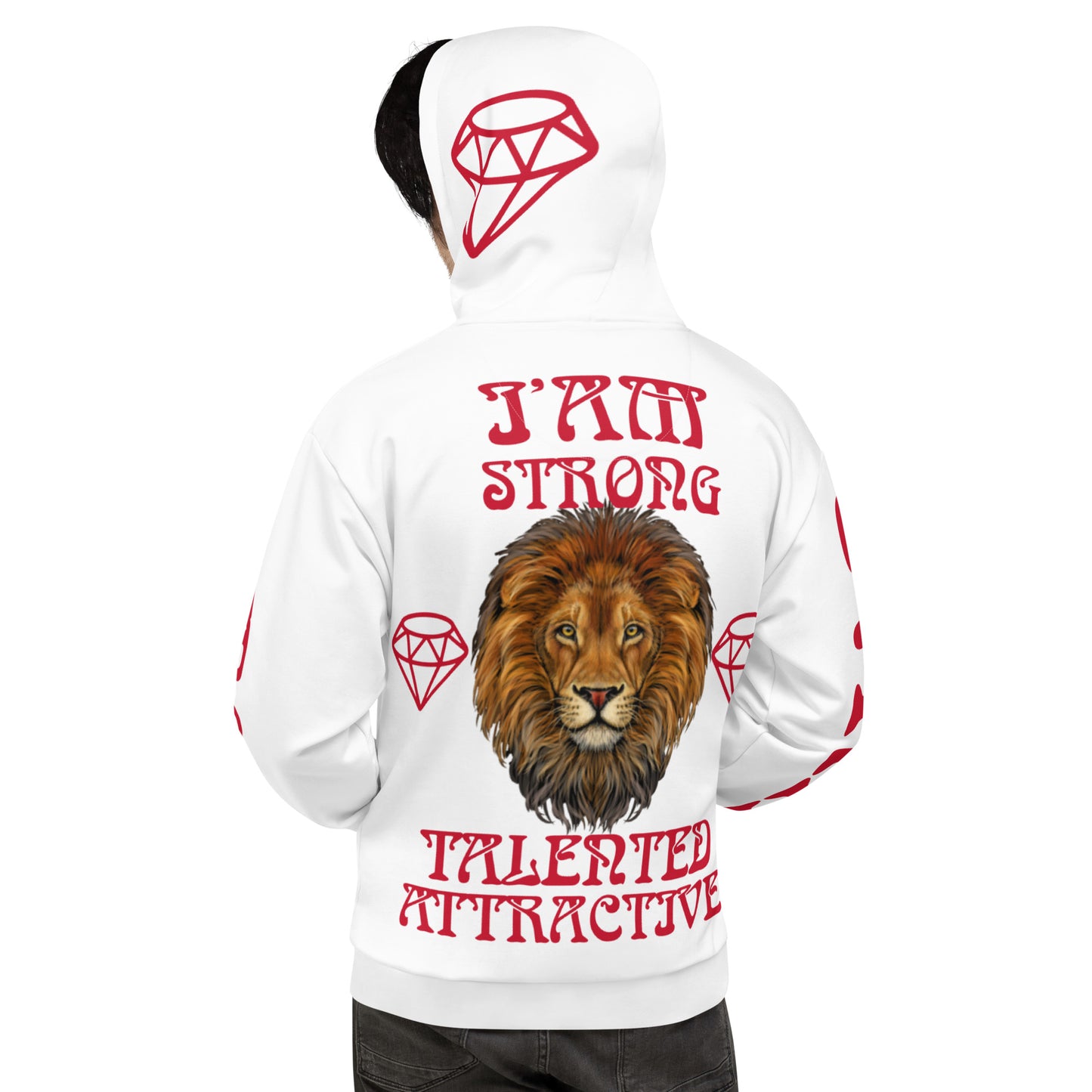 “I’AMSTRONG,TALENTED,ATTRACTIVE”White Unisex Hoodie W/Red Font