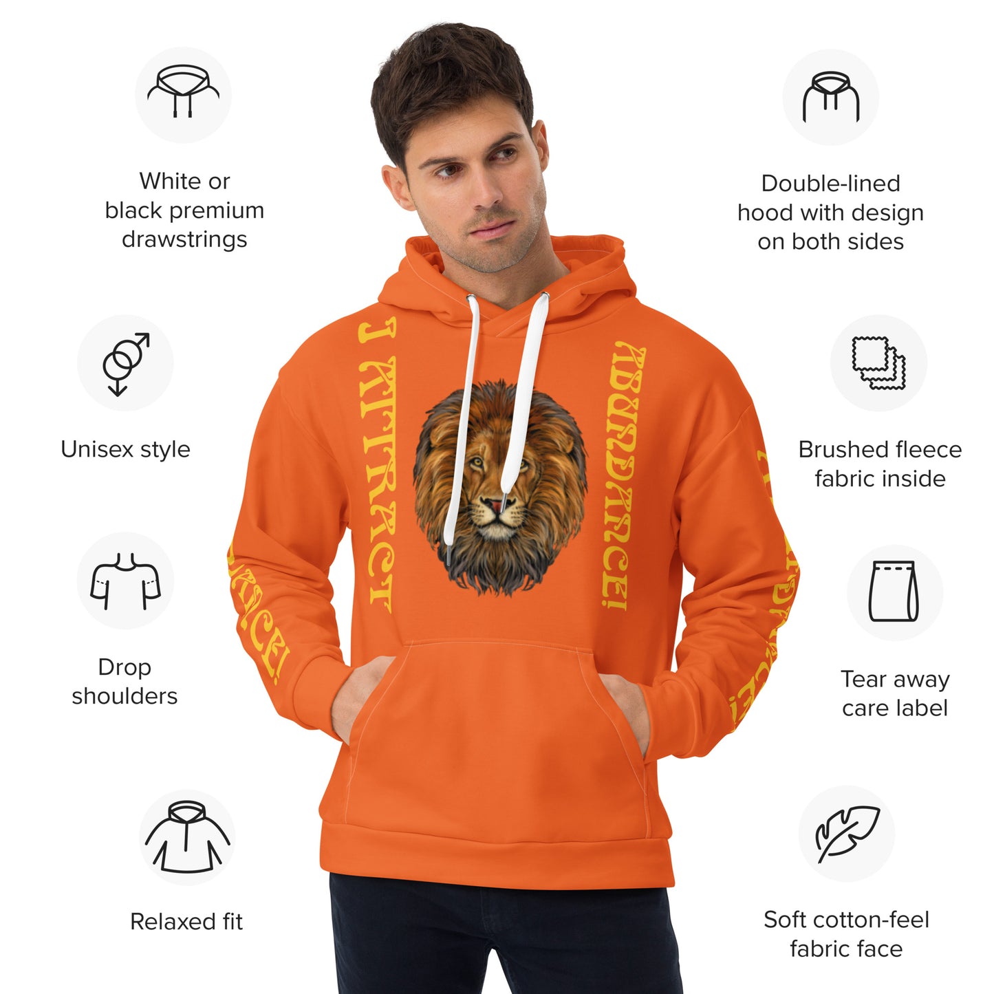 “I ATTRACT ABUNDANCE!"Orange Unisex Hoodie W/Yellow Font