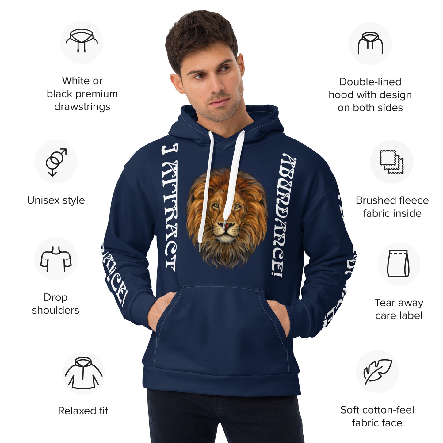 “I ATTRACT ABUNDANCE!"Navy Unisex Hoodie W/White Font